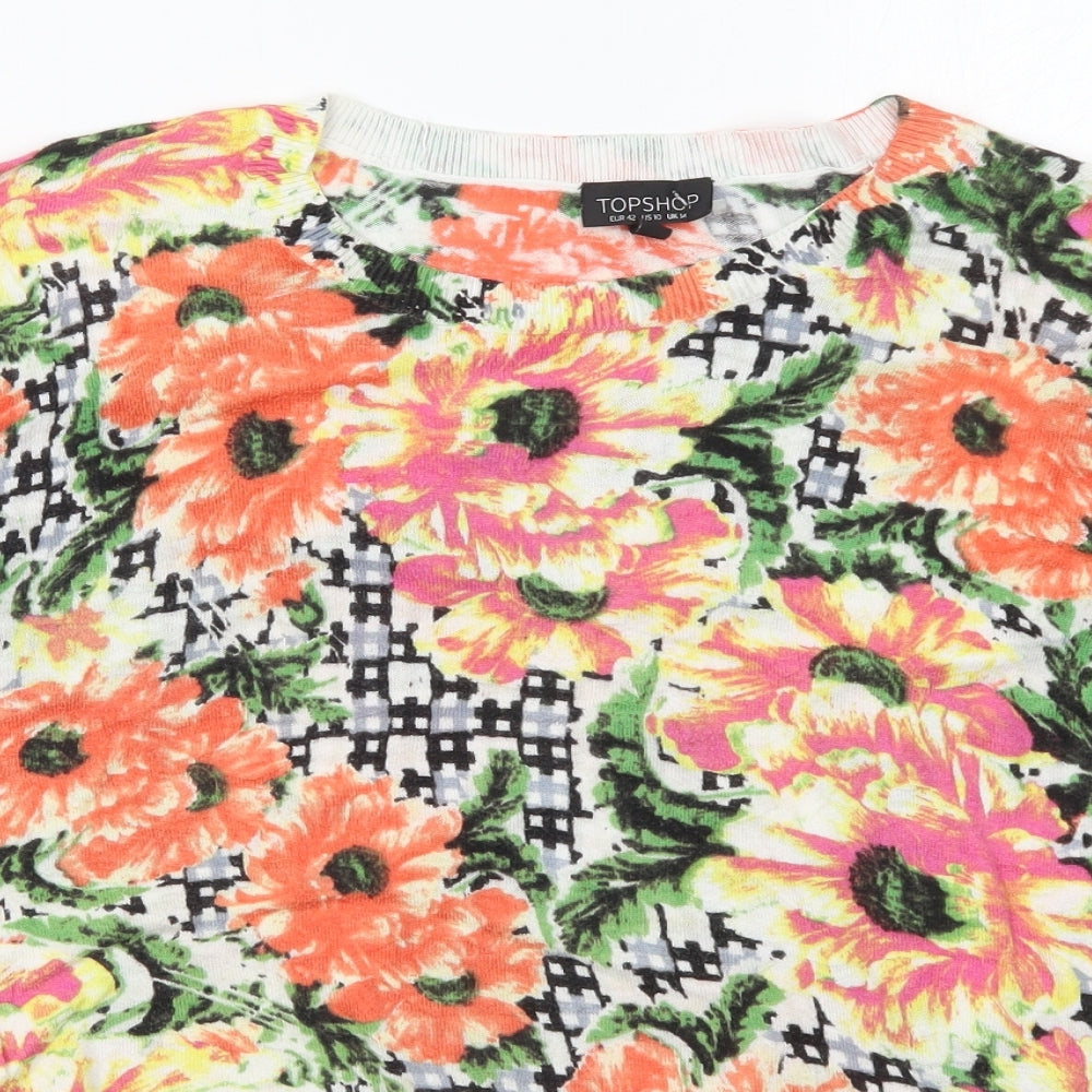 Topshop Womens Orange Round Neck Floral Viscose Pullover Jumper Size 14