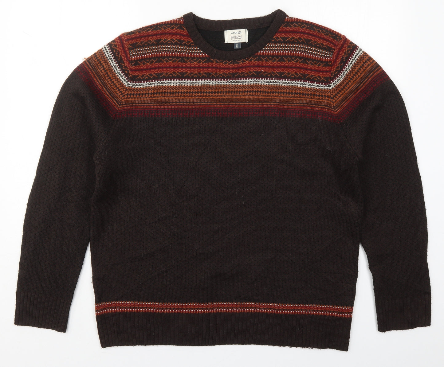 George Mens Brown Crew Neck Fair Isle Acrylic Pullover Jumper Size L