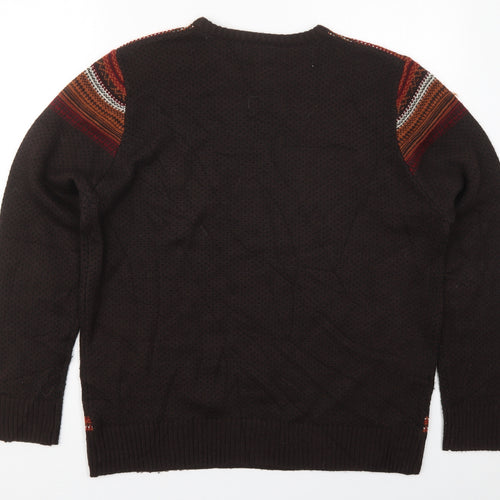 George Mens Brown Crew Neck Fair Isle Acrylic Pullover Jumper Size L