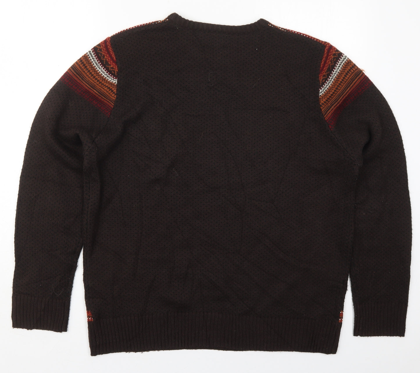 George Mens Brown Crew Neck Fair Isle Acrylic Pullover Jumper Size L