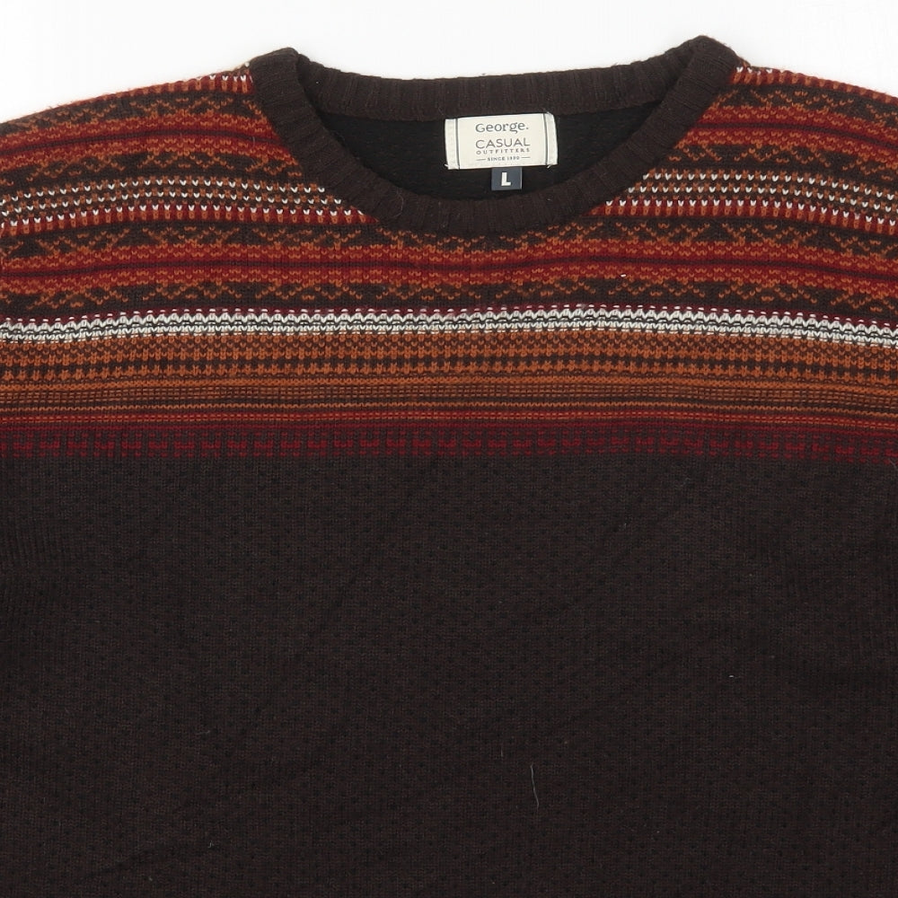 George Mens Brown Crew Neck Fair Isle Acrylic Pullover Jumper Size L