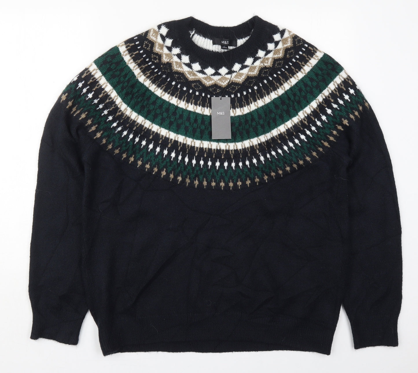Marks and Spencer Mens Blue Crew Neck Fair Isle Acrylic Pullover Jumper Size L