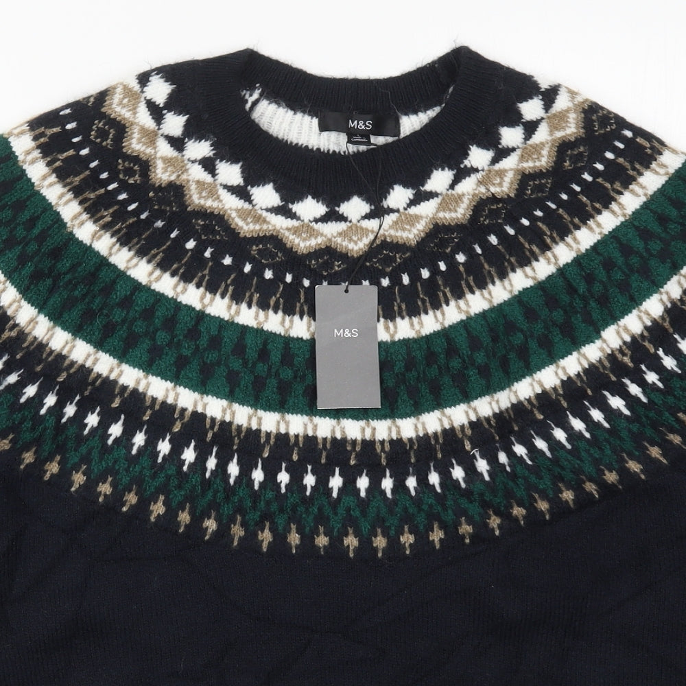 Marks and Spencer Mens Blue Crew Neck Fair Isle Acrylic Pullover Jumper Size L