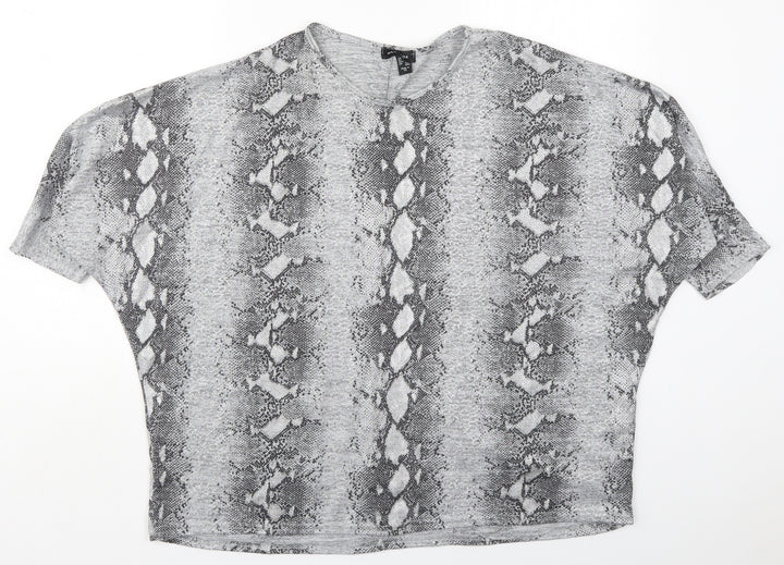 New Look Womens Grey Animal Print Polyester Basic T-Shirt Size M Round Neck
