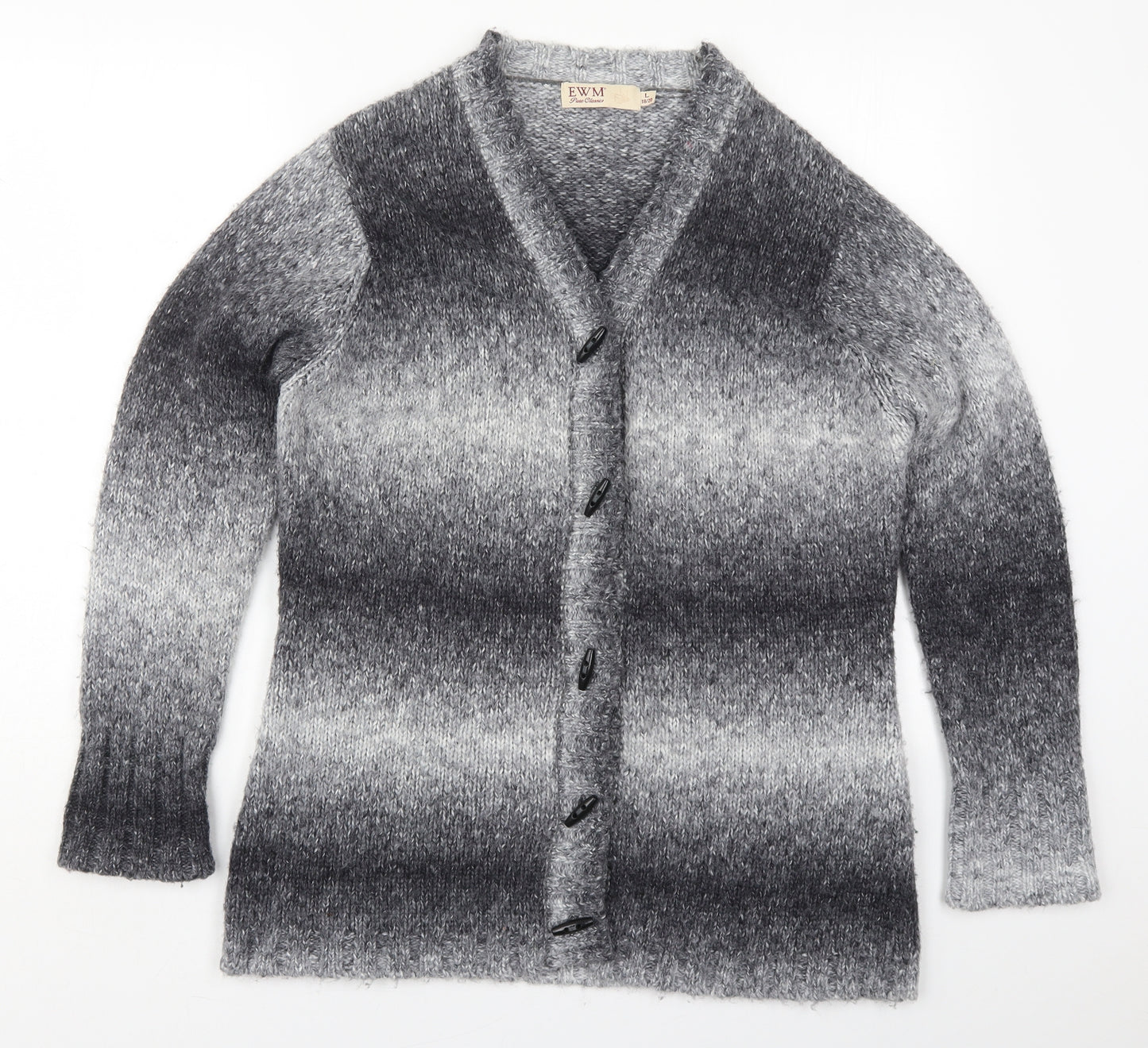 EWM Womens Grey V-Neck Striped Acrylic Cardigan Jumper Size 18