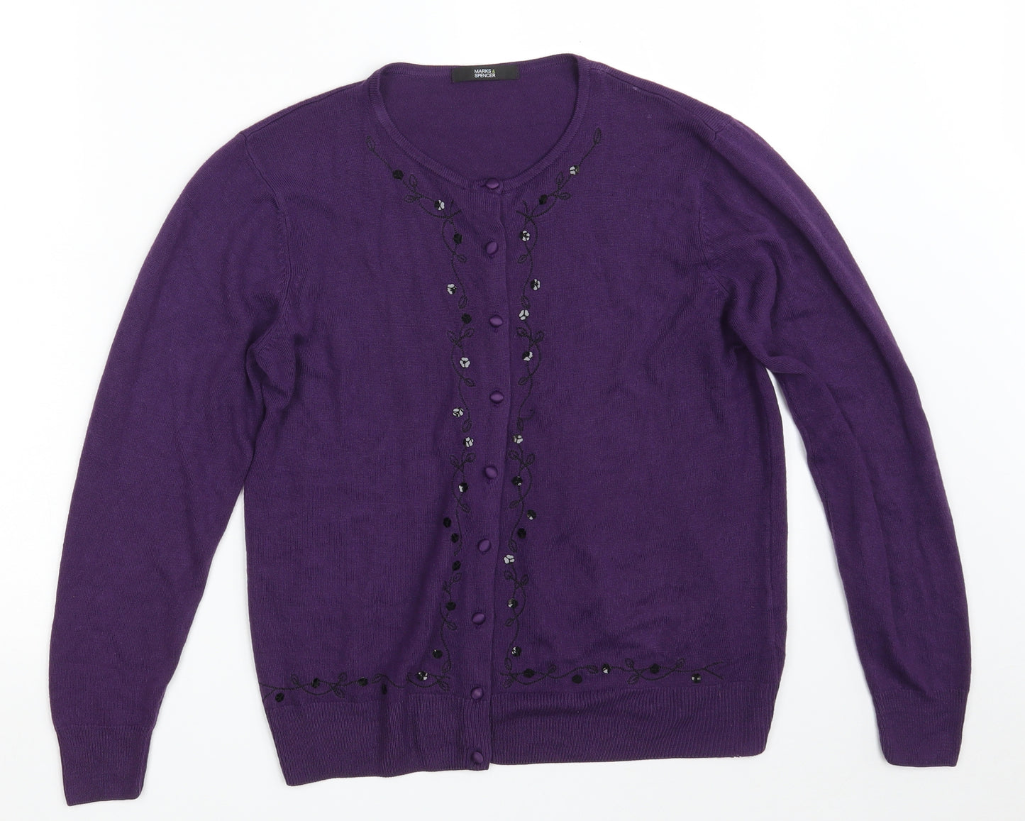 Marks and Spencer Womens Purple Round Neck Floral Acrylic Cardigan Jumper Size 14