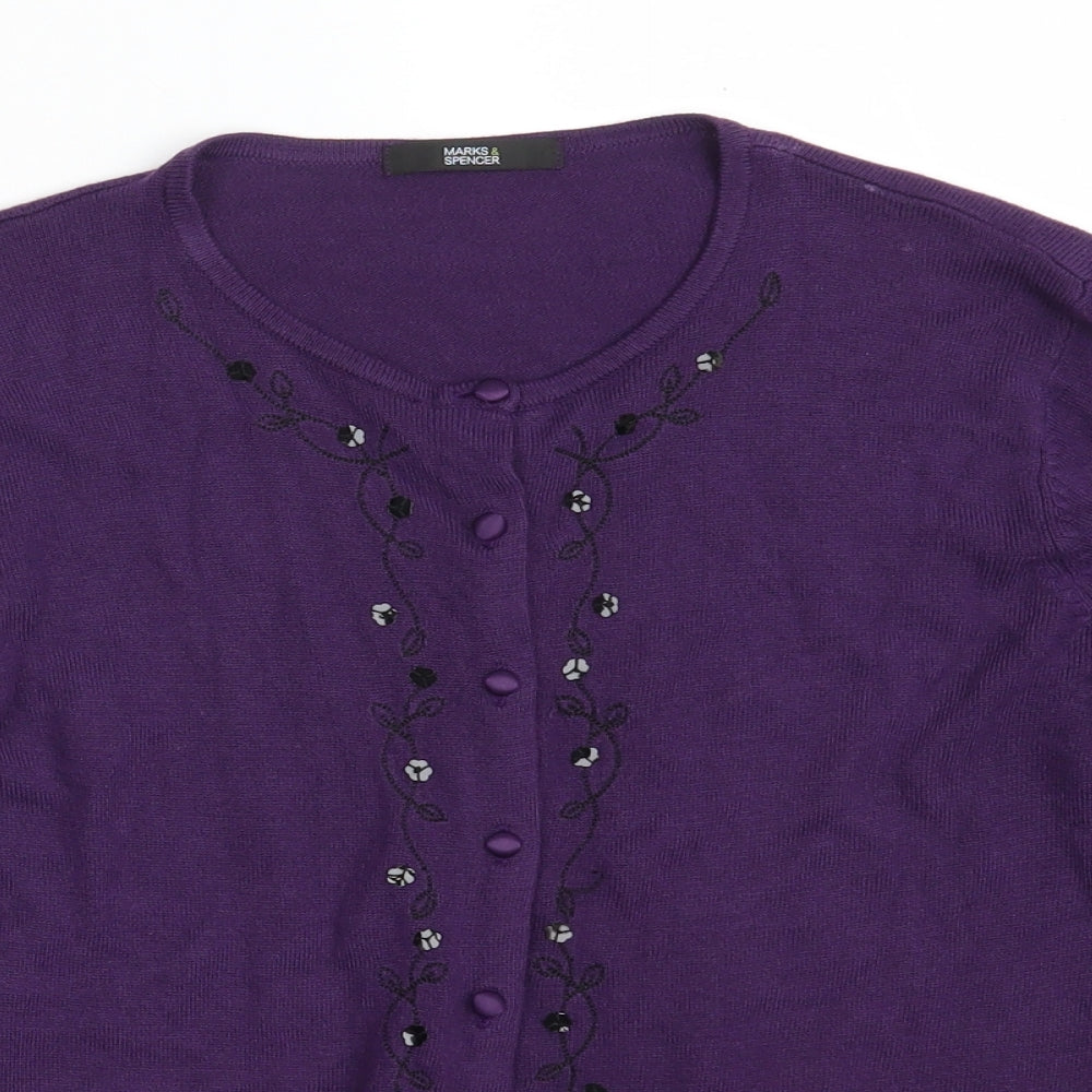 Marks and Spencer Womens Purple Round Neck Floral Acrylic Cardigan Jumper Size 14