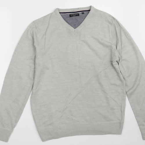 Brave Soul Mens Grey V-Neck  Acrylic Pullover Jumper Size L