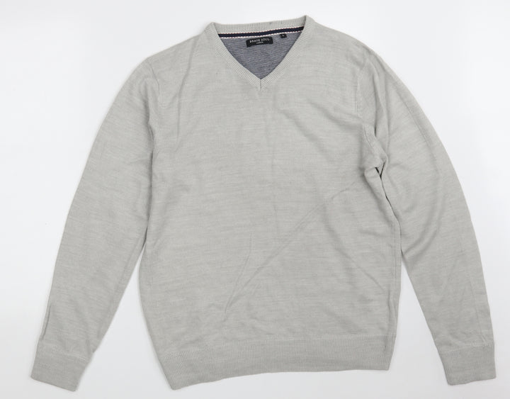 Brave Soul Mens Grey V-Neck  Acrylic Pullover Jumper Size L