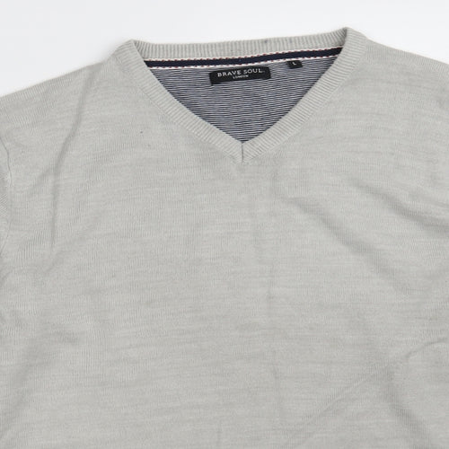 Brave Soul Mens Grey V-Neck  Acrylic Pullover Jumper Size L