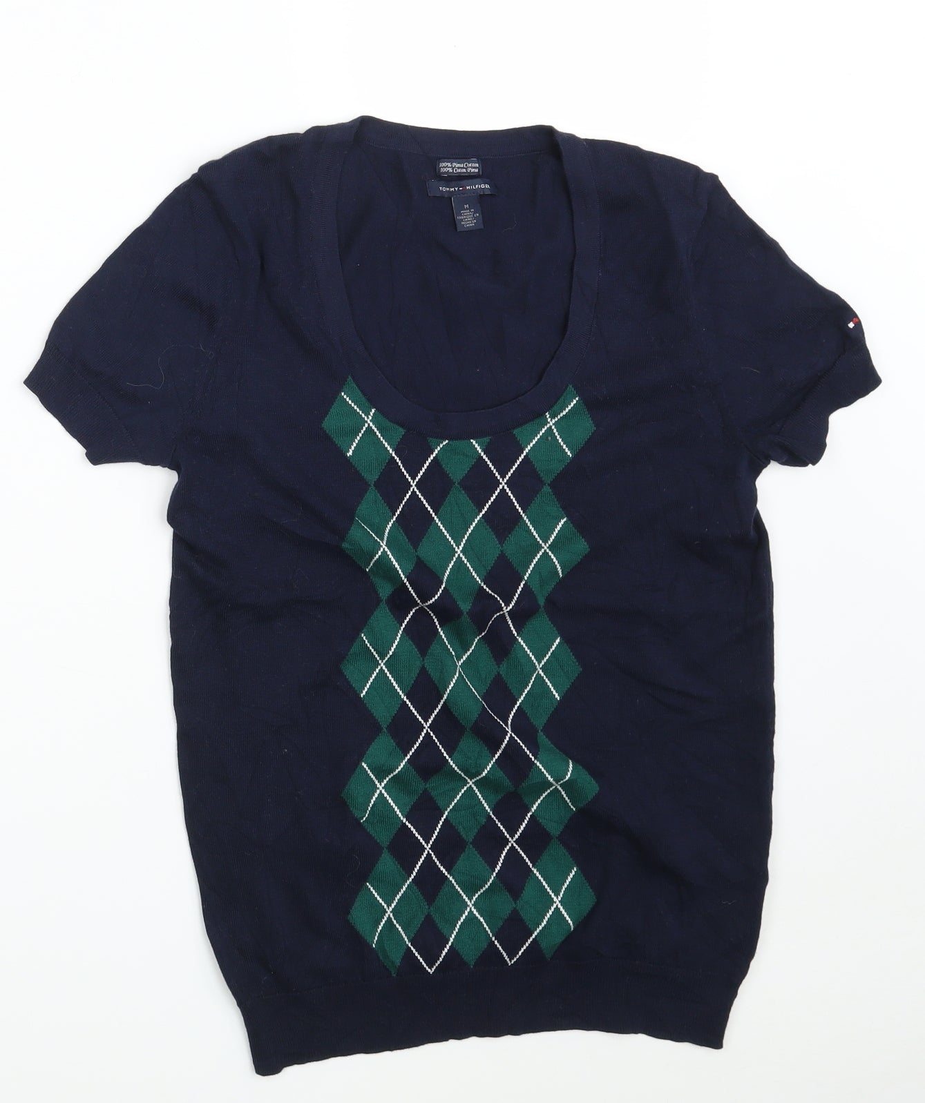 Tommy Hilfiger Womens Blue Scoop Neck Argyle/Diamond 100% Cotton Pullover Jumper Size M