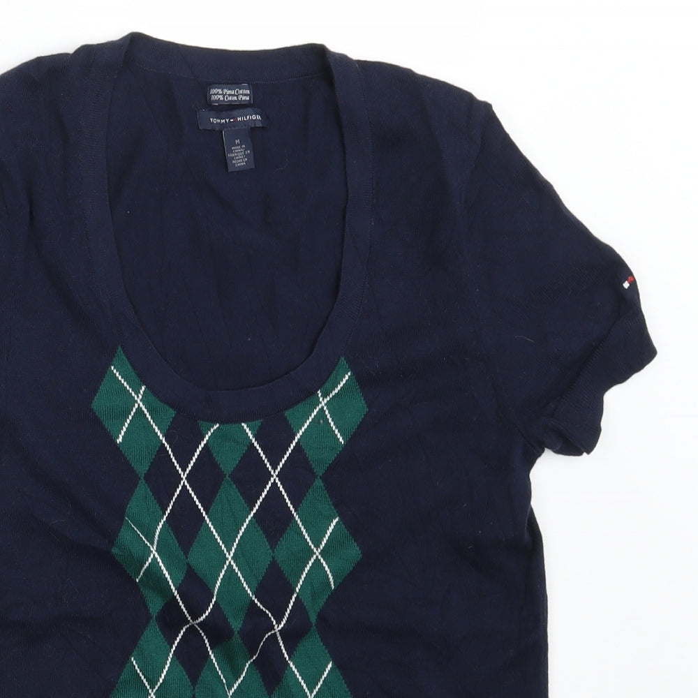 Tommy Hilfiger Womens Blue Scoop Neck Argyle/Diamond 100% Cotton Pullover Jumper Size M