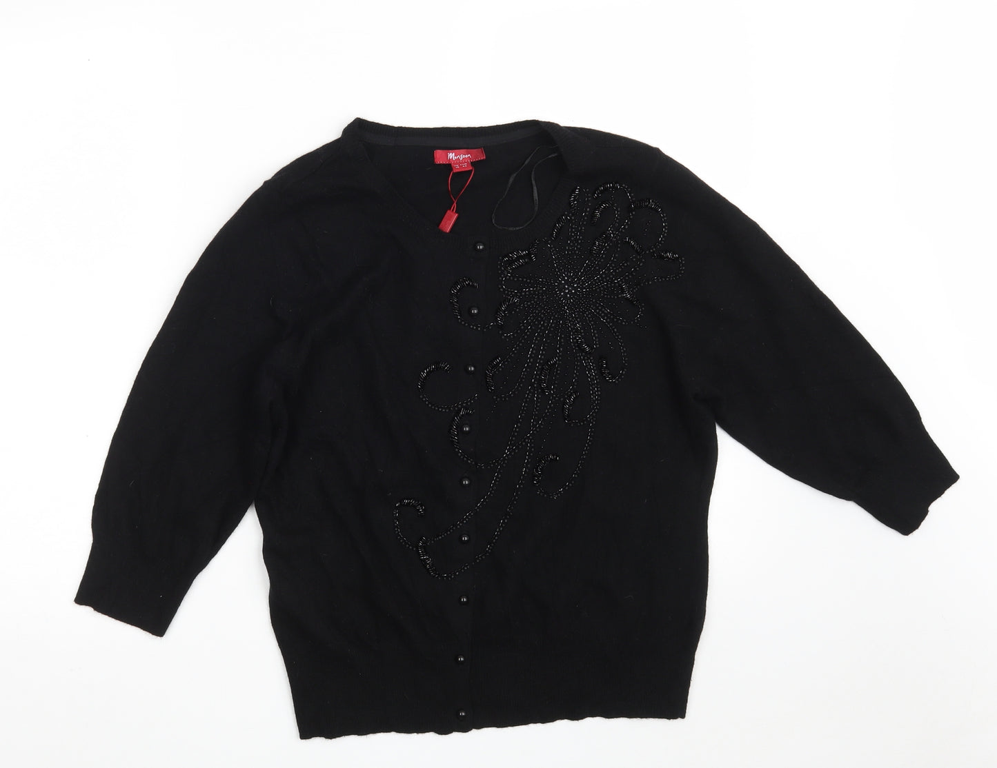 Monsoon Womens Black Scoop Neck  Cotton Cardigan Jumper Size 16