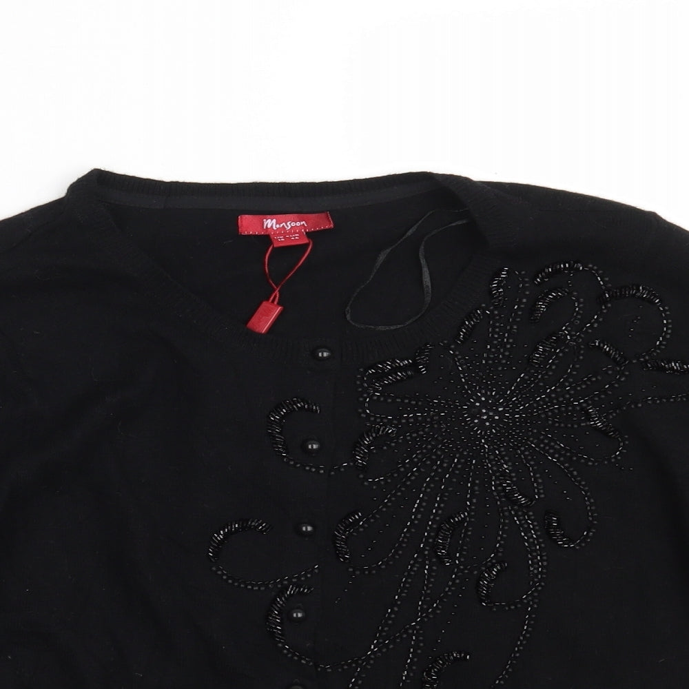 Monsoon Womens Black Scoop Neck  Cotton Cardigan Jumper Size 16