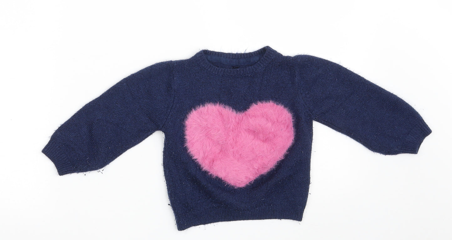 Marks and Spencer Girls Blue Round Neck  Acrylic Pullover Jumper Size 3-4 Years