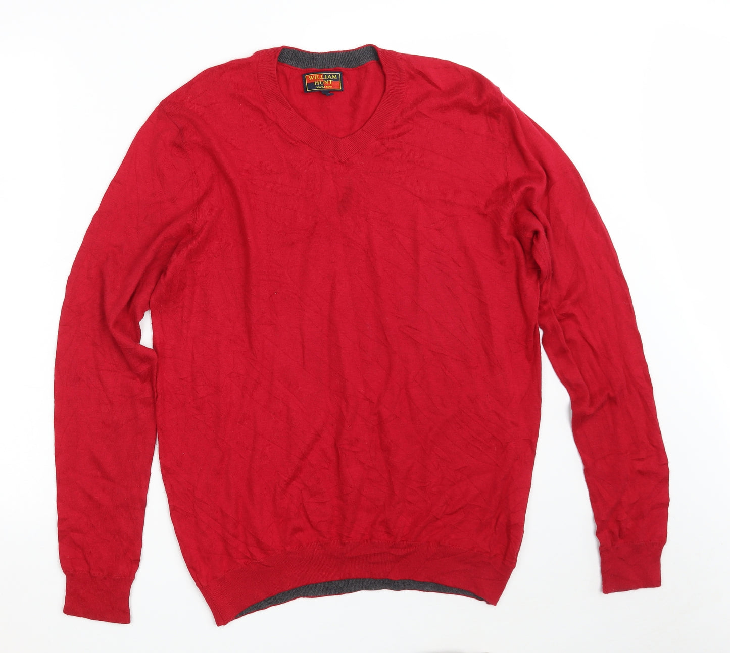 William Hunt Mens Red V-Neck  Silk Pullover Jumper Size L