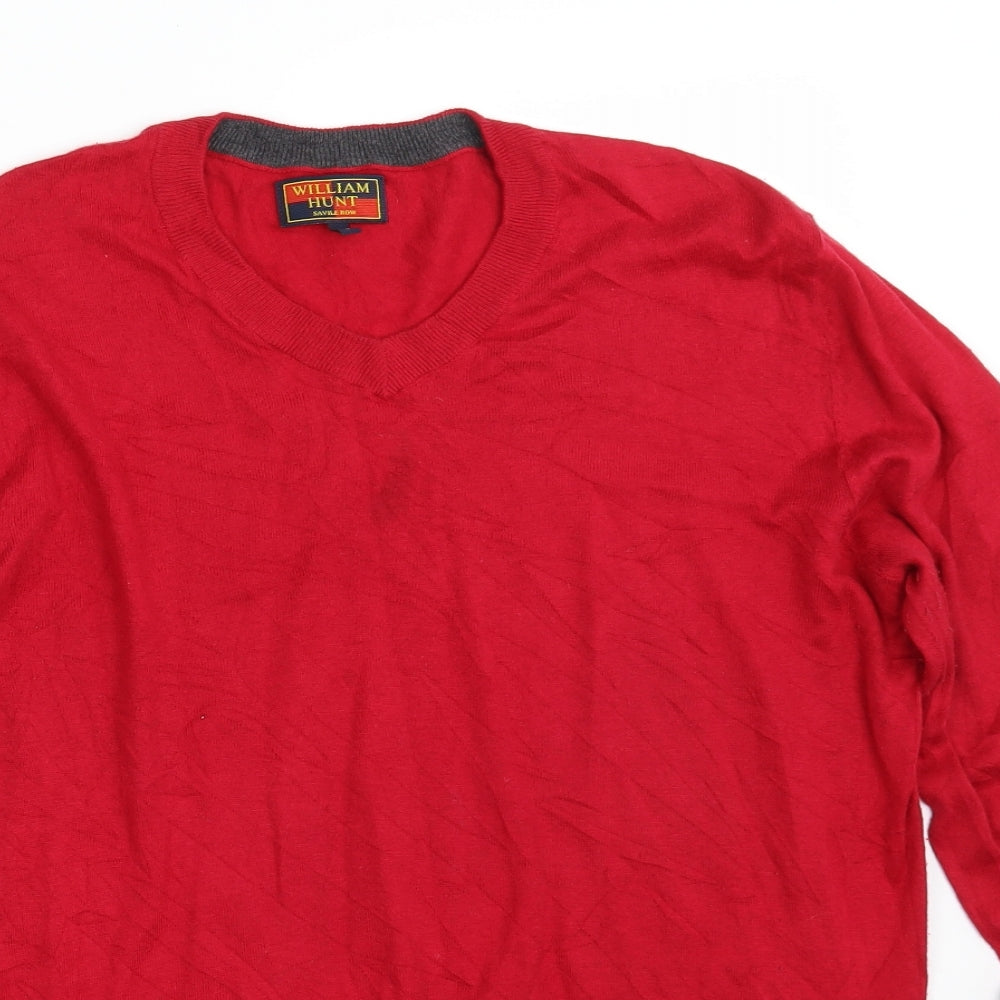 William Hunt Mens Red V-Neck  Silk Pullover Jumper Size L