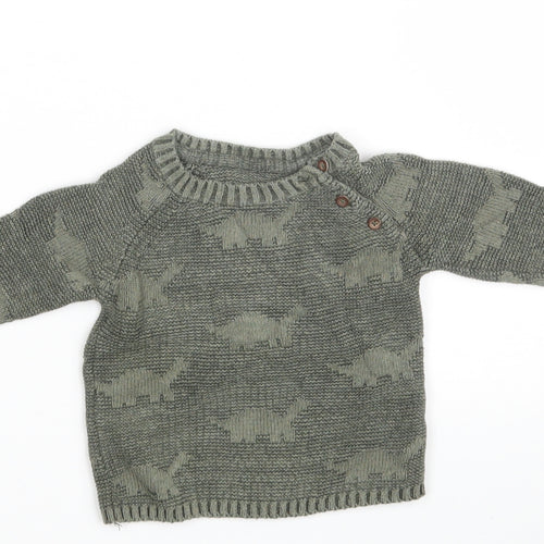 George Boys Green  100% Cotton Pullover Jumper Size 3-6 Months  Button - Dinosaurs