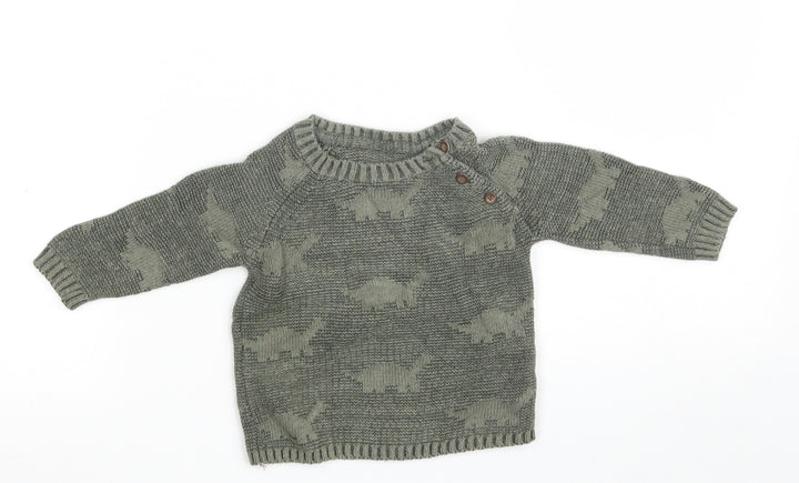George Boys Green  100% Cotton Pullover Jumper Size 3-6 Months  Button - Dinosaurs