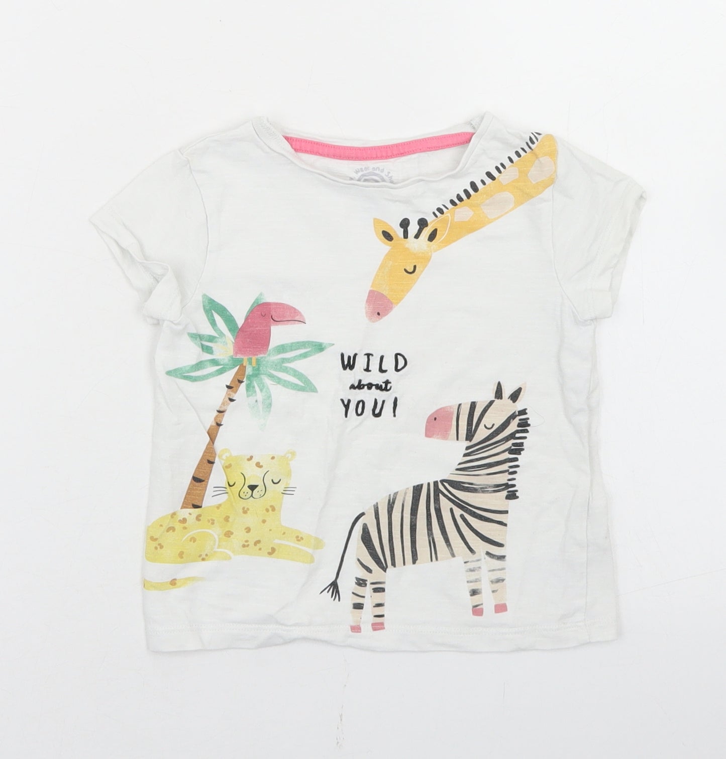 F&F Girls White  Cotton Basic T-Shirt Size 18-24 Months Round Neck  - Zoo Animals