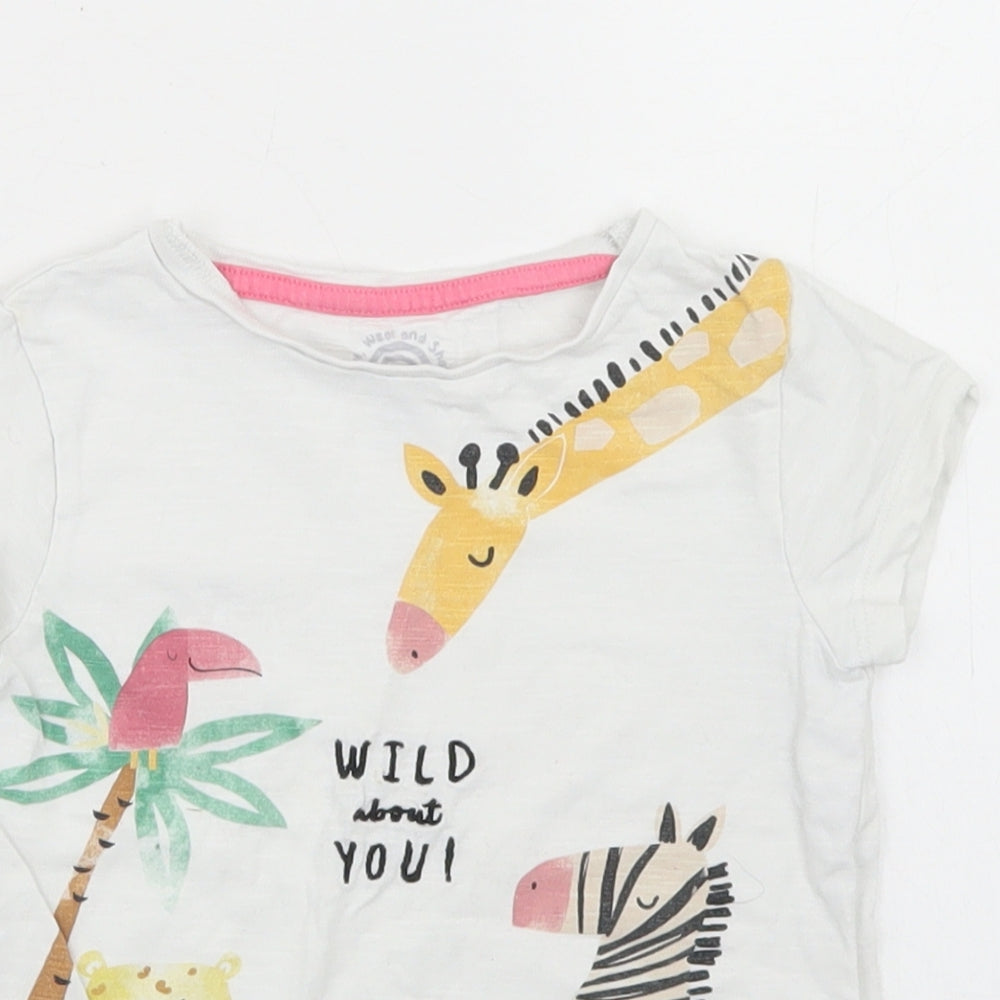 F&F Girls White  Cotton Basic T-Shirt Size 18-24 Months Round Neck  - Zoo Animals
