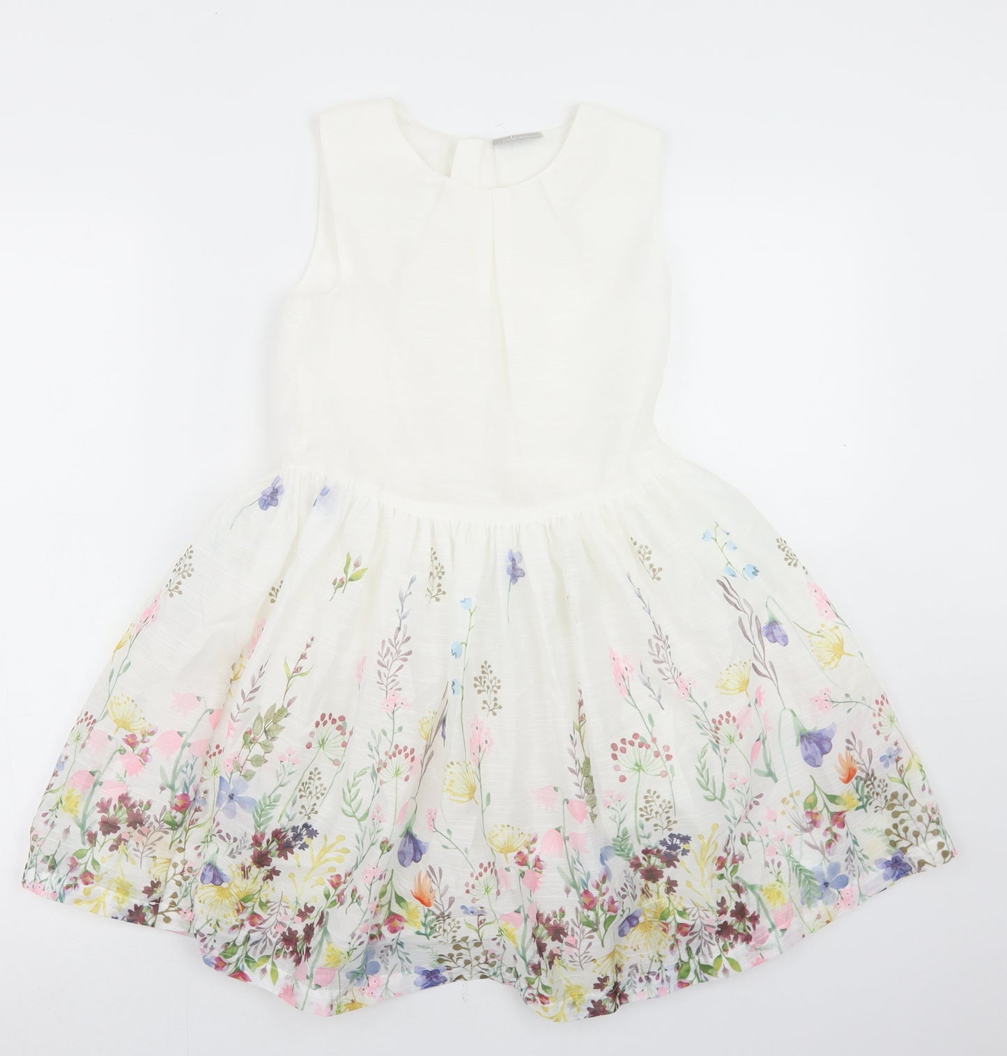 Matalan Girls White Floral Polyester Fit & Flare  Size 10 Years  Round Neck Zip