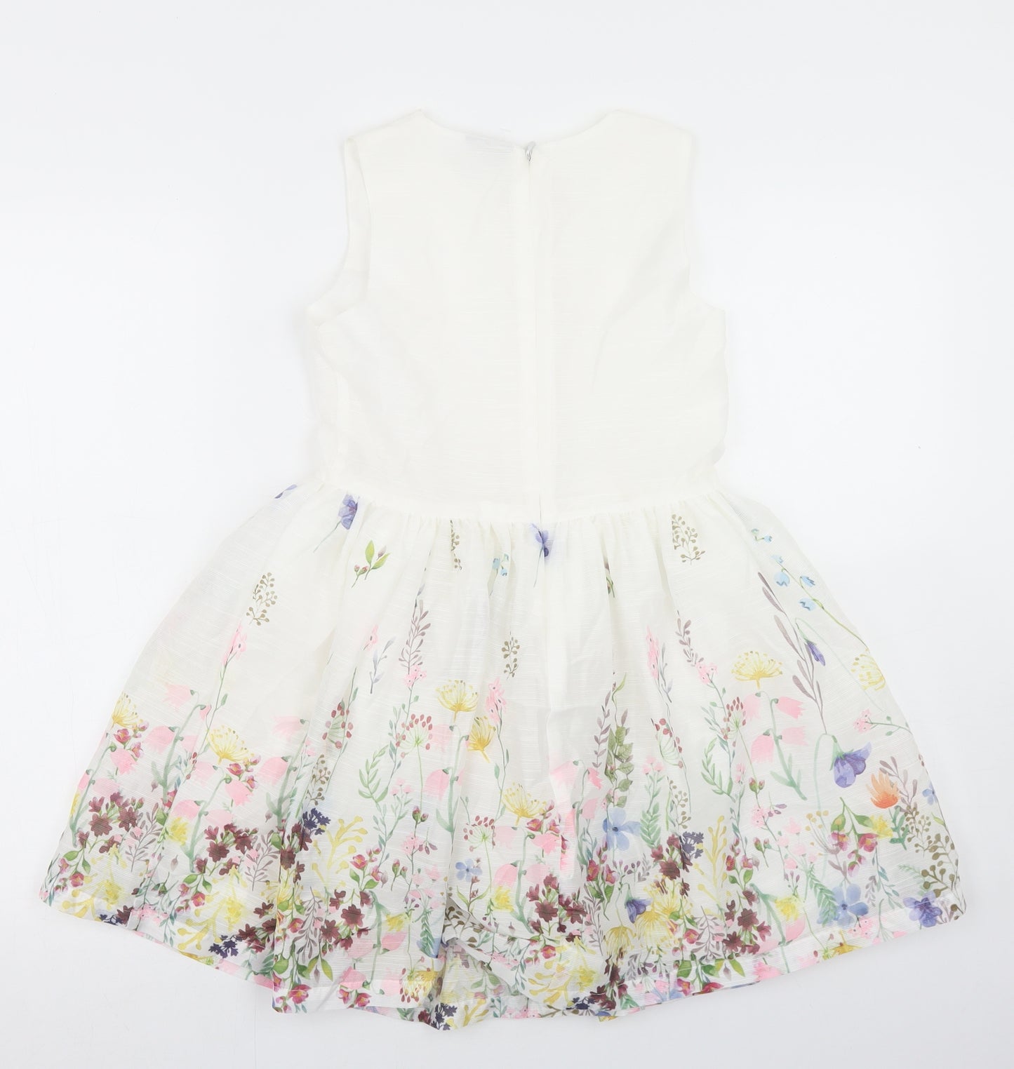 Matalan Girls White Floral Polyester Fit & Flare  Size 10 Years  Round Neck Zip