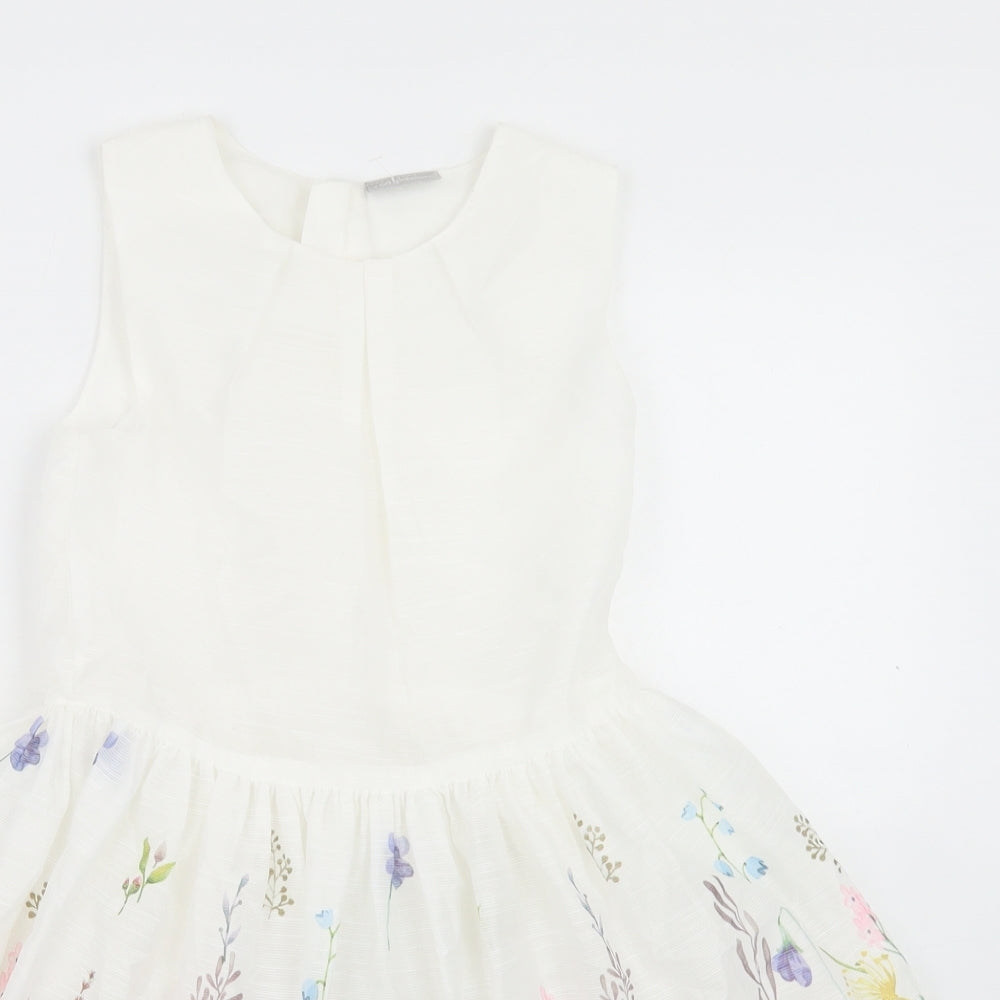 Matalan Girls White Floral Polyester Fit & Flare  Size 10 Years  Round Neck Zip