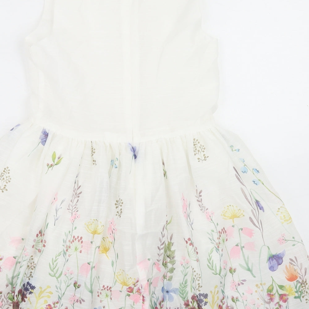 Matalan Girls White Floral Polyester Fit & Flare  Size 10 Years  Round Neck Zip