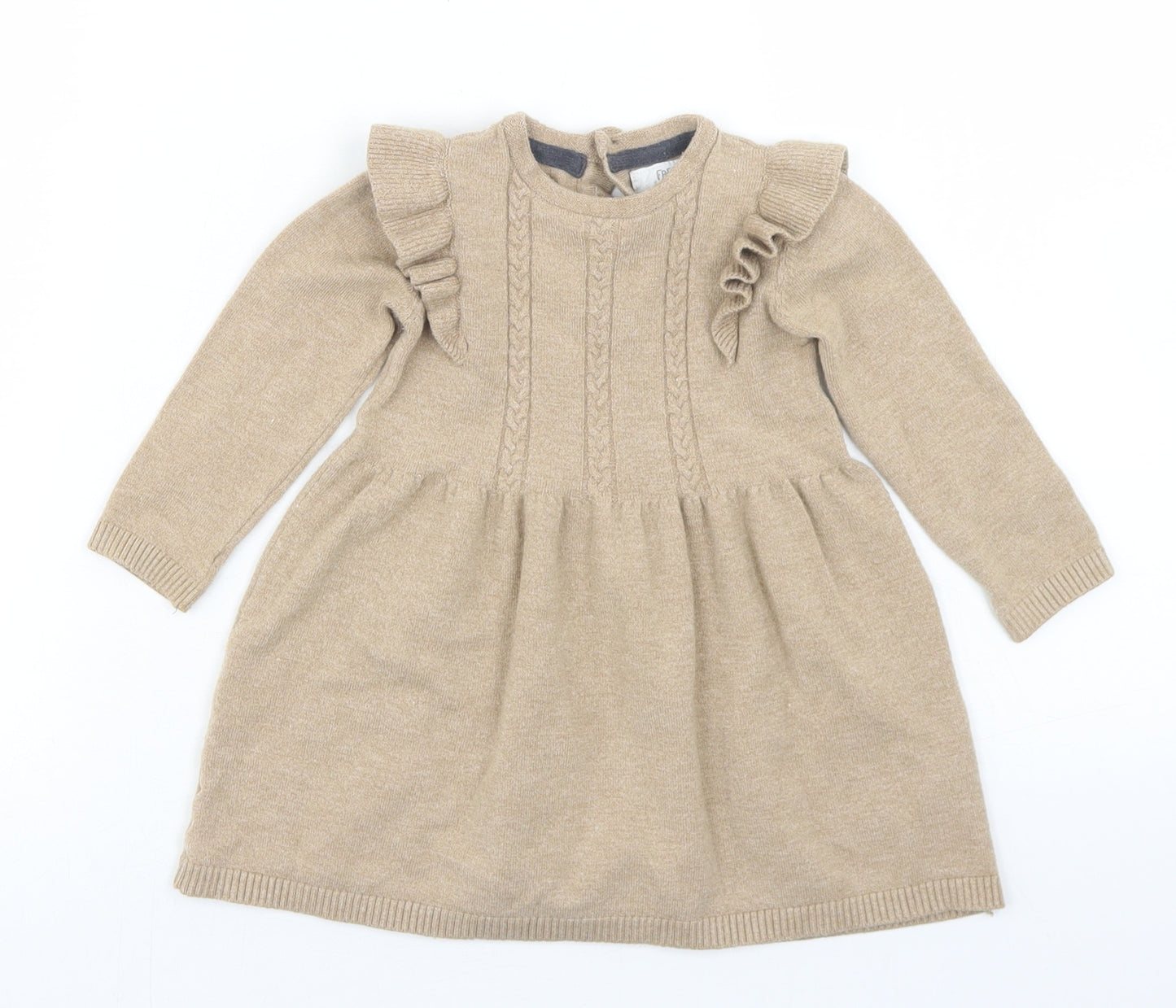Fred & Flo Girls Beige  Viscose Skater Dress  Size 9-12 Months  Crew Neck Button