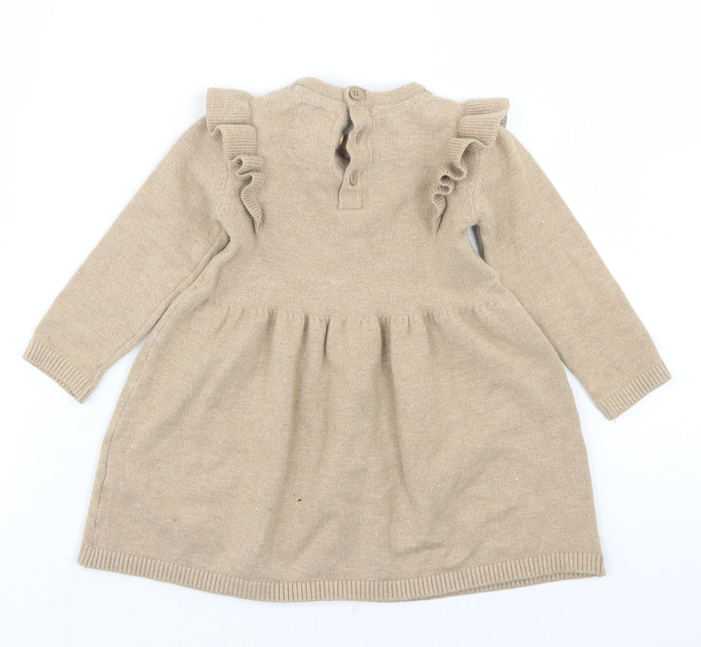 Fred & Flo Girls Beige  Viscose Skater Dress  Size 9-12 Months  Crew Neck Button