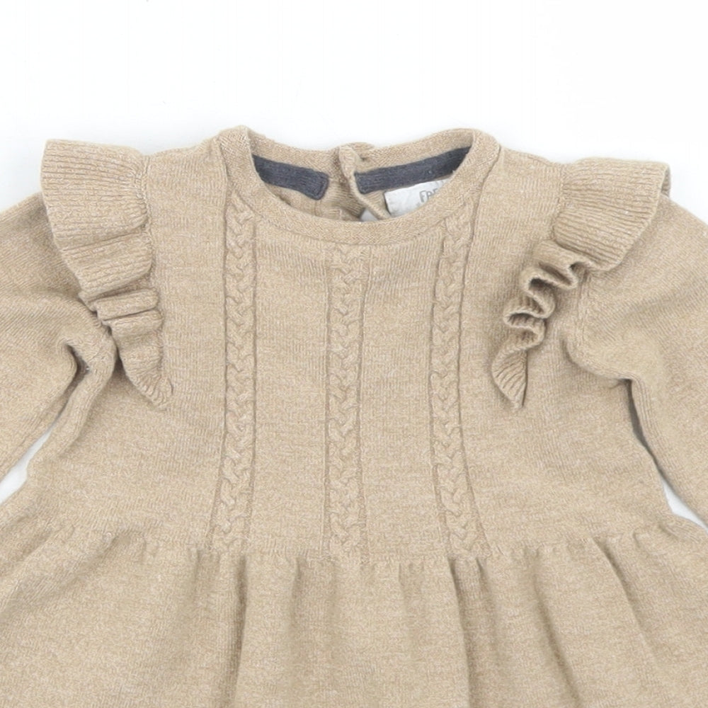 Fred & Flo Girls Beige  Viscose Skater Dress  Size 9-12 Months  Crew Neck Button