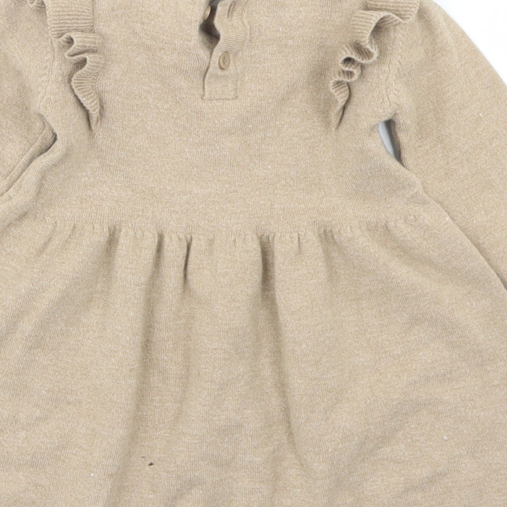 Fred & Flo Girls Beige  Viscose Skater Dress  Size 9-12 Months  Crew Neck Button