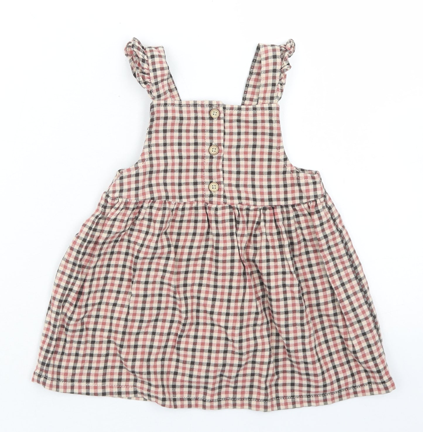 Fred & Flo Girls Pink Check Cotton Pinafore/Dungaree Dress  Size 12-18 Months  Square Neck Button