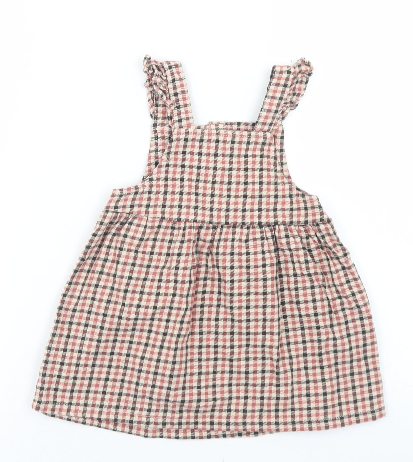 Fred & Flo Girls Pink Check Cotton Pinafore/Dungaree Dress  Size 12-18 Months  Square Neck Button