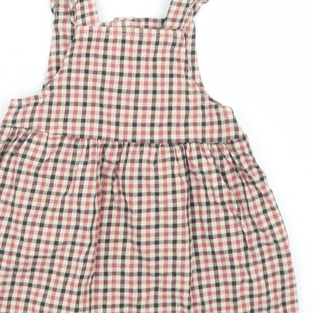 Fred & Flo Girls Pink Check Cotton Pinafore/Dungaree Dress  Size 12-18 Months  Square Neck Button