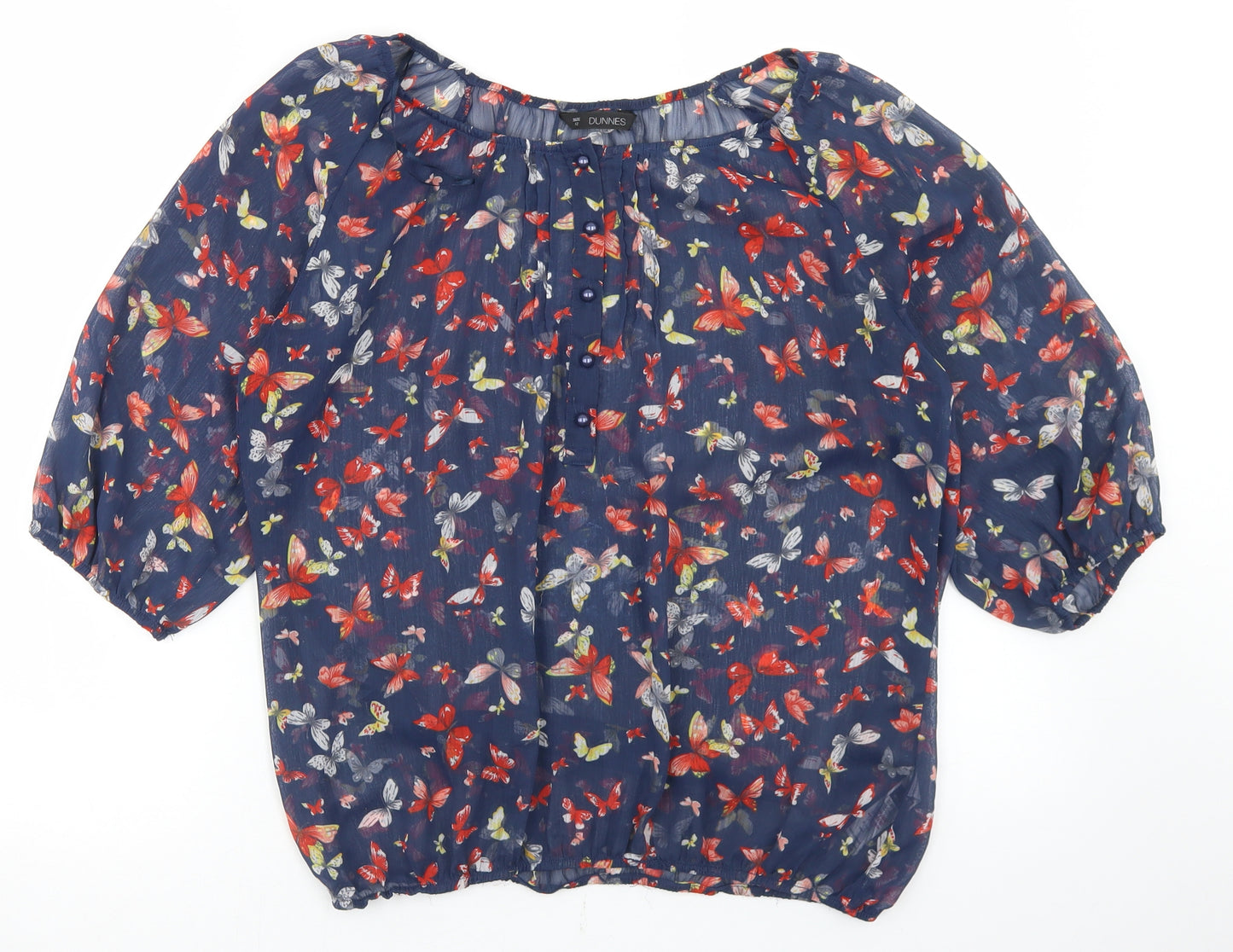Dunnes Stores Womens Blue Floral Polyester Basic Blouse Size 12 Round Neck - Butterfly Print