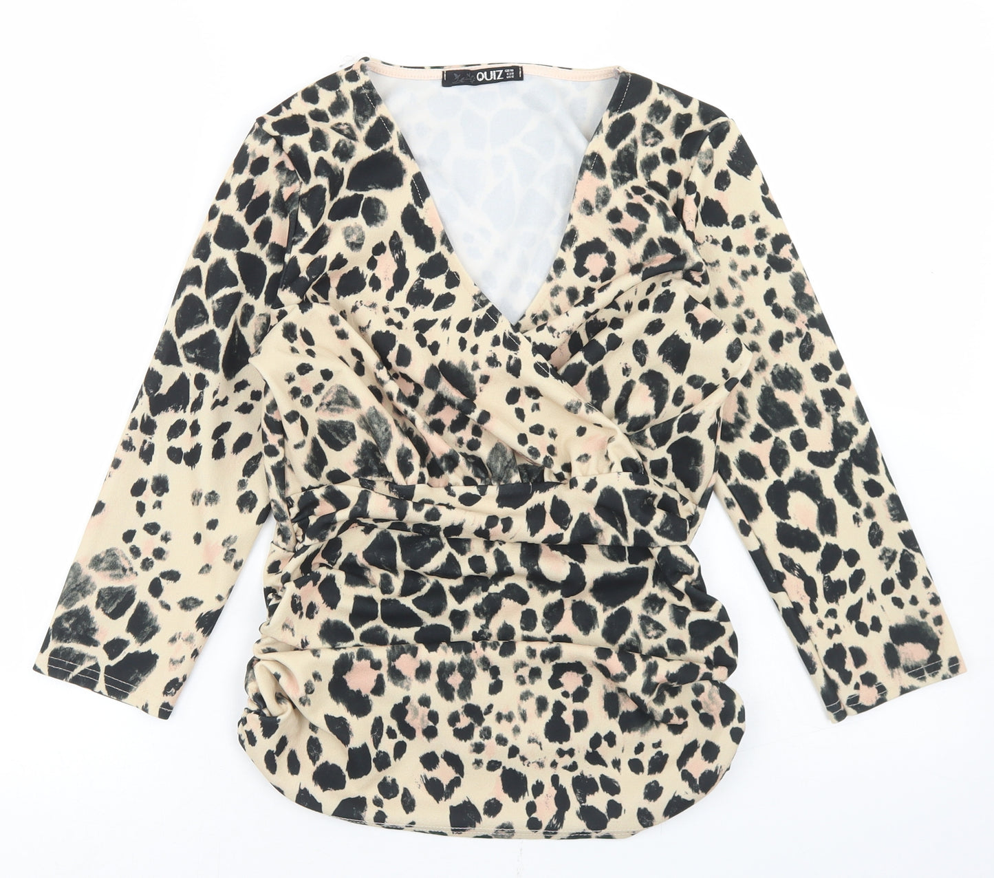 Quiz Womens Beige Animal Print Polyester Basic Blouse Size 10 V-Neck