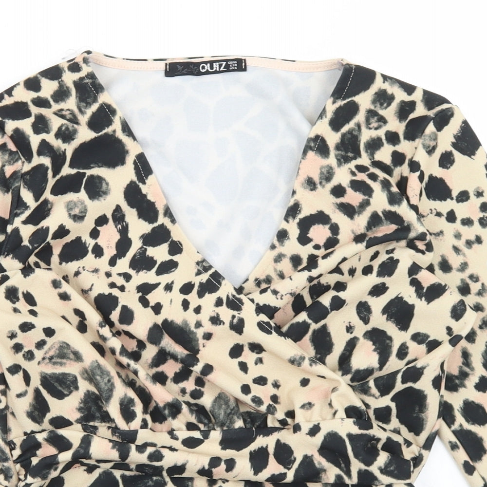 Quiz Womens Beige Animal Print Polyester Basic Blouse Size 10 V-Neck
