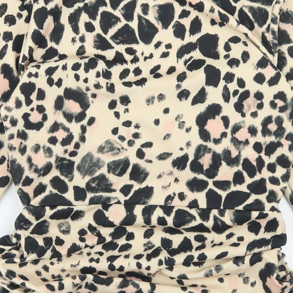 Quiz Womens Beige Animal Print Polyester Basic Blouse Size 10 V-Neck