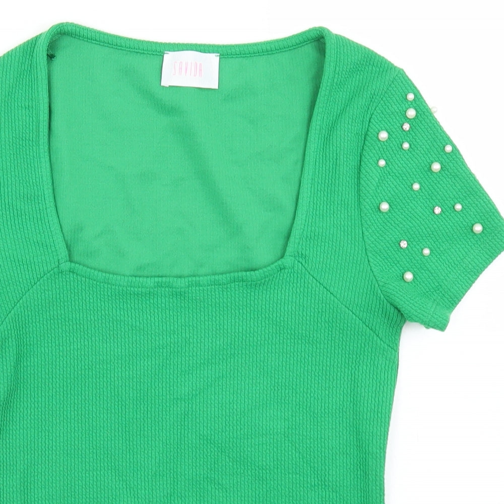 Savida Womens Green  Polyester Basic T-Shirt Size XS Square Neck