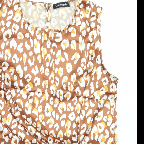 Lookagain Womens Brown Animal Print Polyester Basic Blouse Size 14 Round Neck