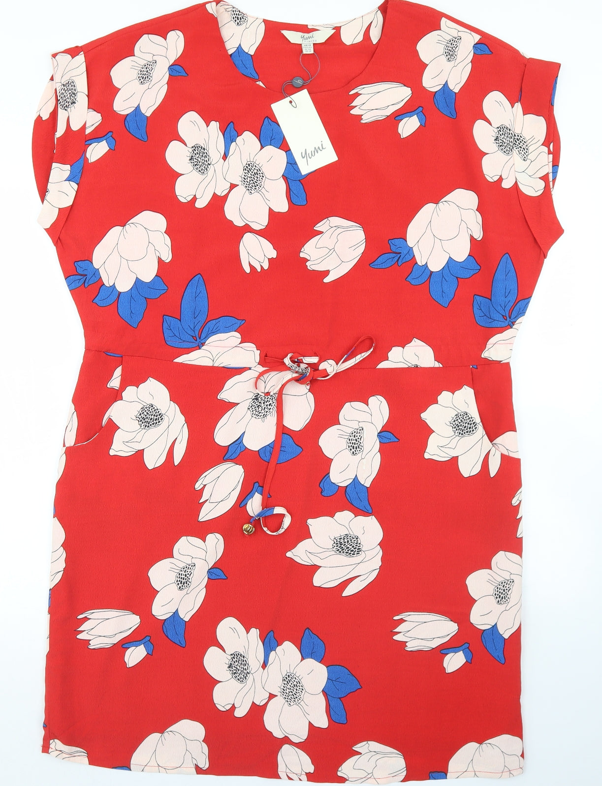 Yumi Womens Red Floral Polyester Sheath  Size 18  Round Neck