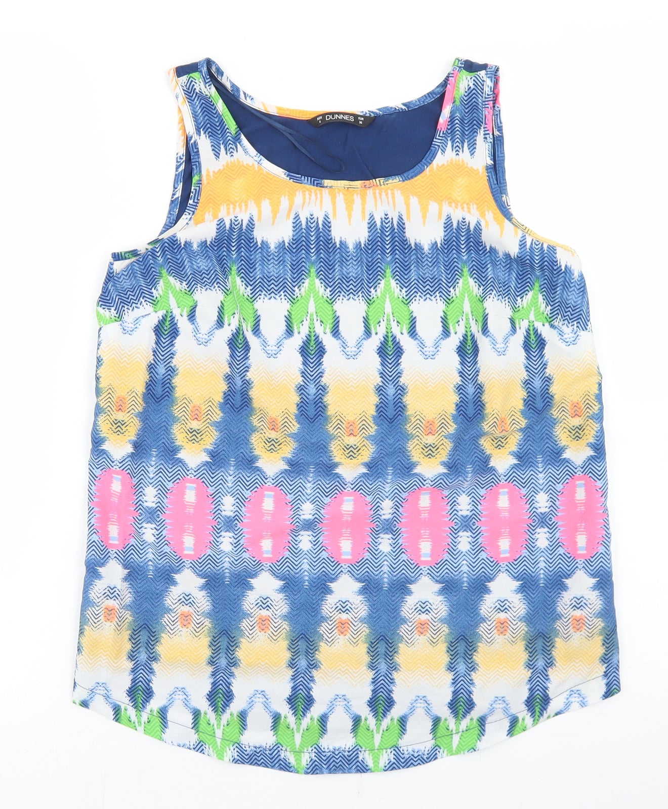 Dunnes Stores Womens Blue Geometric Polyester Basic Tank Size 8 Round Neck