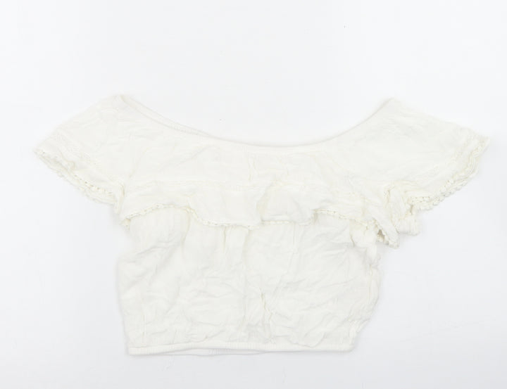 H&M Womens White  Viscose Cropped Blouse Size 4 Off the Shoulder