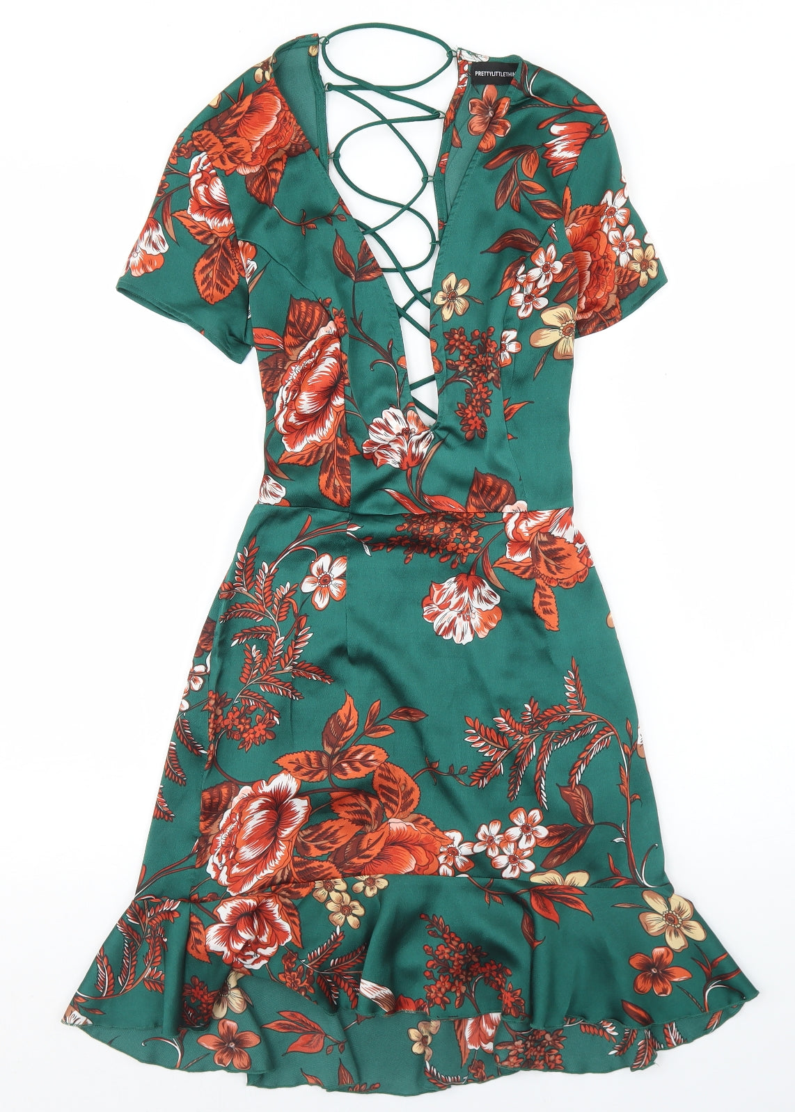 PRETTYLITTLETHING Womens Green Floral Polyester Bodycon  Size 8  V-Neck Tie - Deep Plunge