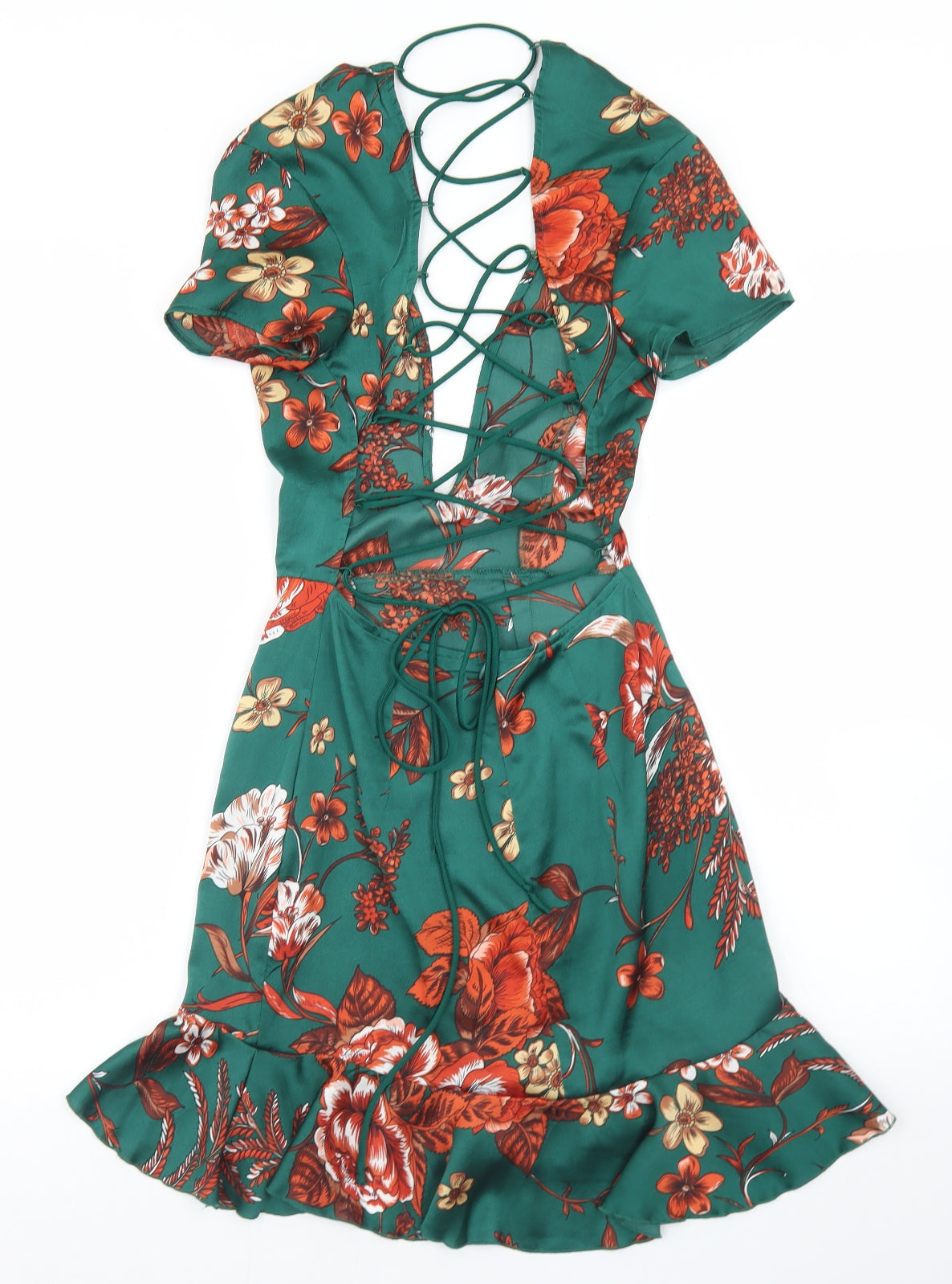 PRETTYLITTLETHING Womens Green Floral Polyester Bodycon  Size 8  V-Neck Tie - Deep Plunge