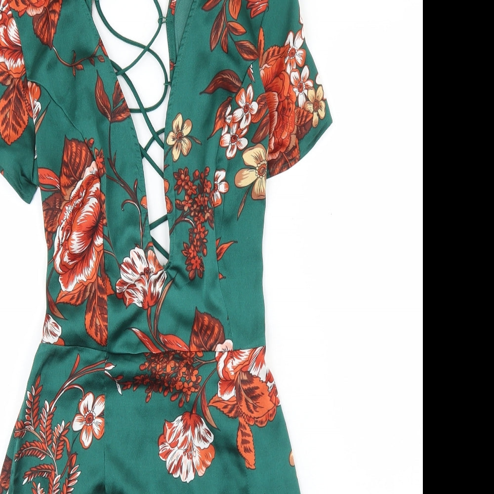 PRETTYLITTLETHING Womens Green Floral Polyester Bodycon  Size 8  V-Neck Tie - Deep Plunge