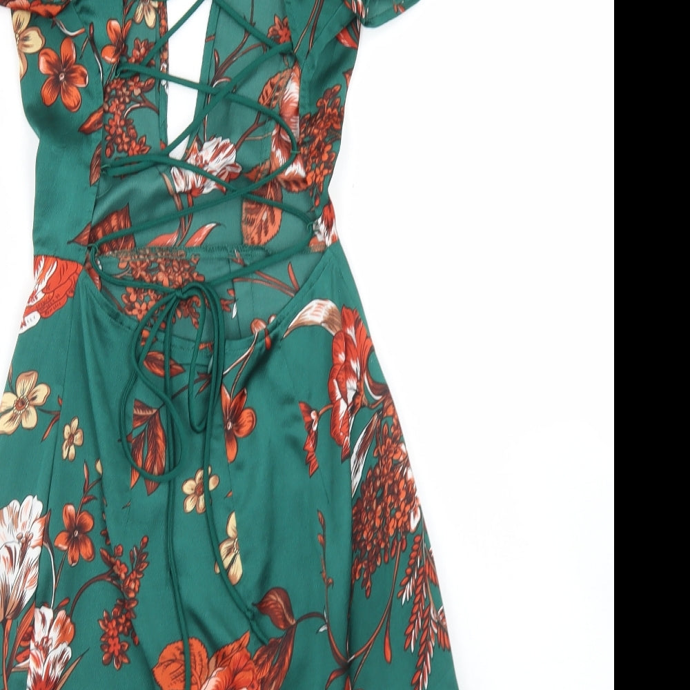 PRETTYLITTLETHING Womens Green Floral Polyester Bodycon  Size 8  V-Neck Tie - Deep Plunge