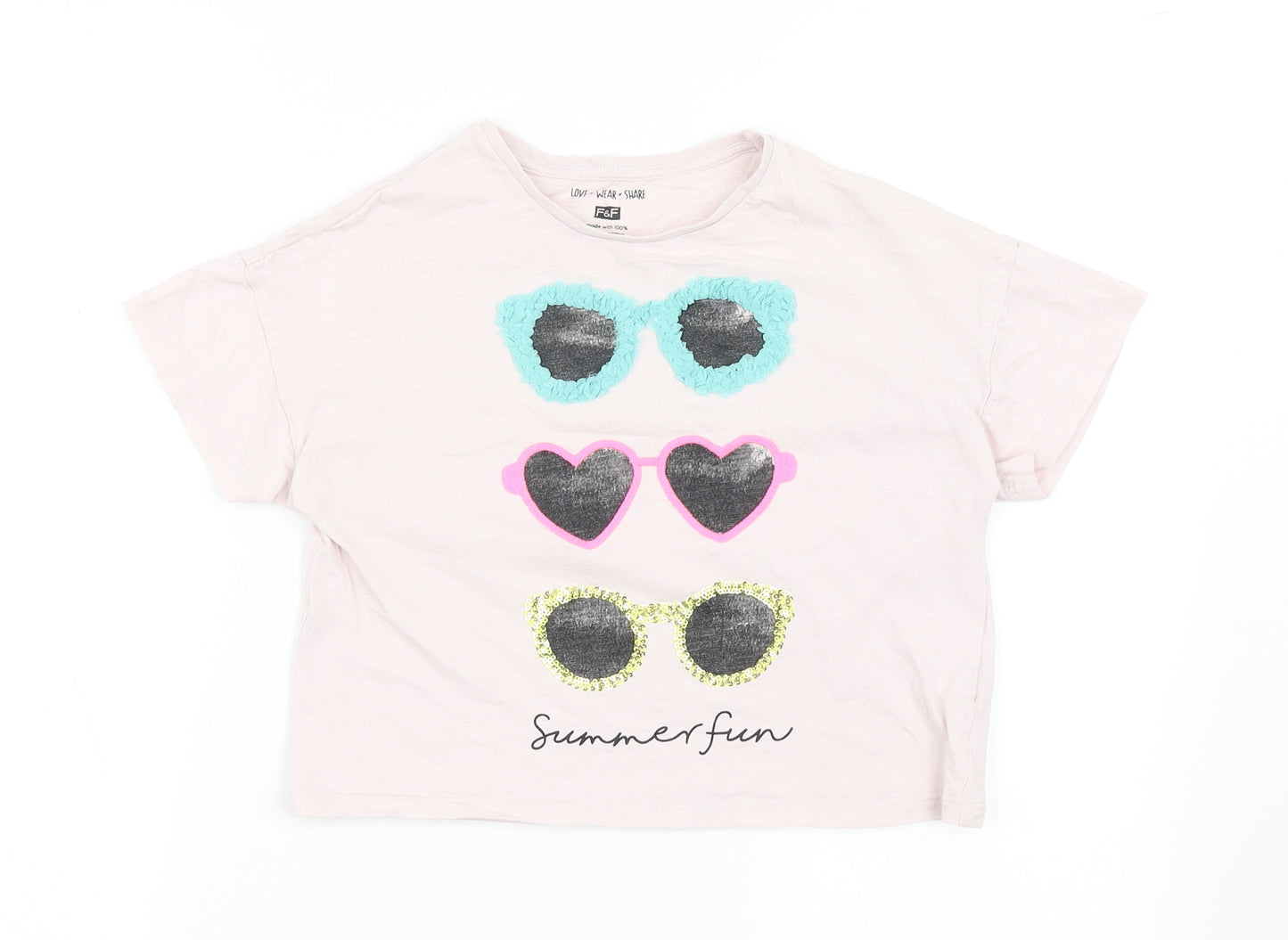 F&F Girls Pink  100% Cotton Cropped T-Shirt Size 9-10 Years Round Neck Pullover - Sunglasses, Summer Fun
